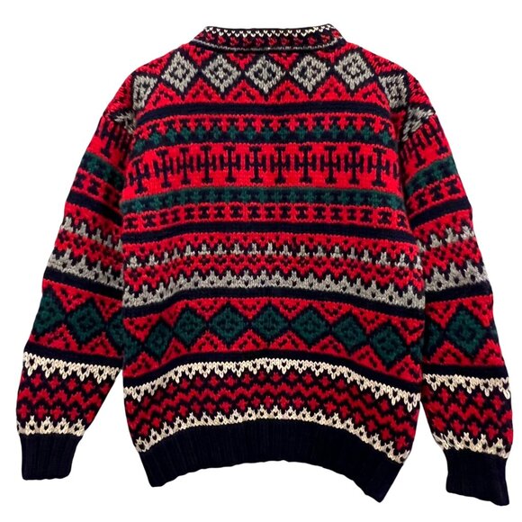 GAP 80s Wool Hand Knit Fair Isle Pattern Ski Sweater, Navy, Red, Green, M - Picture 2 of 7